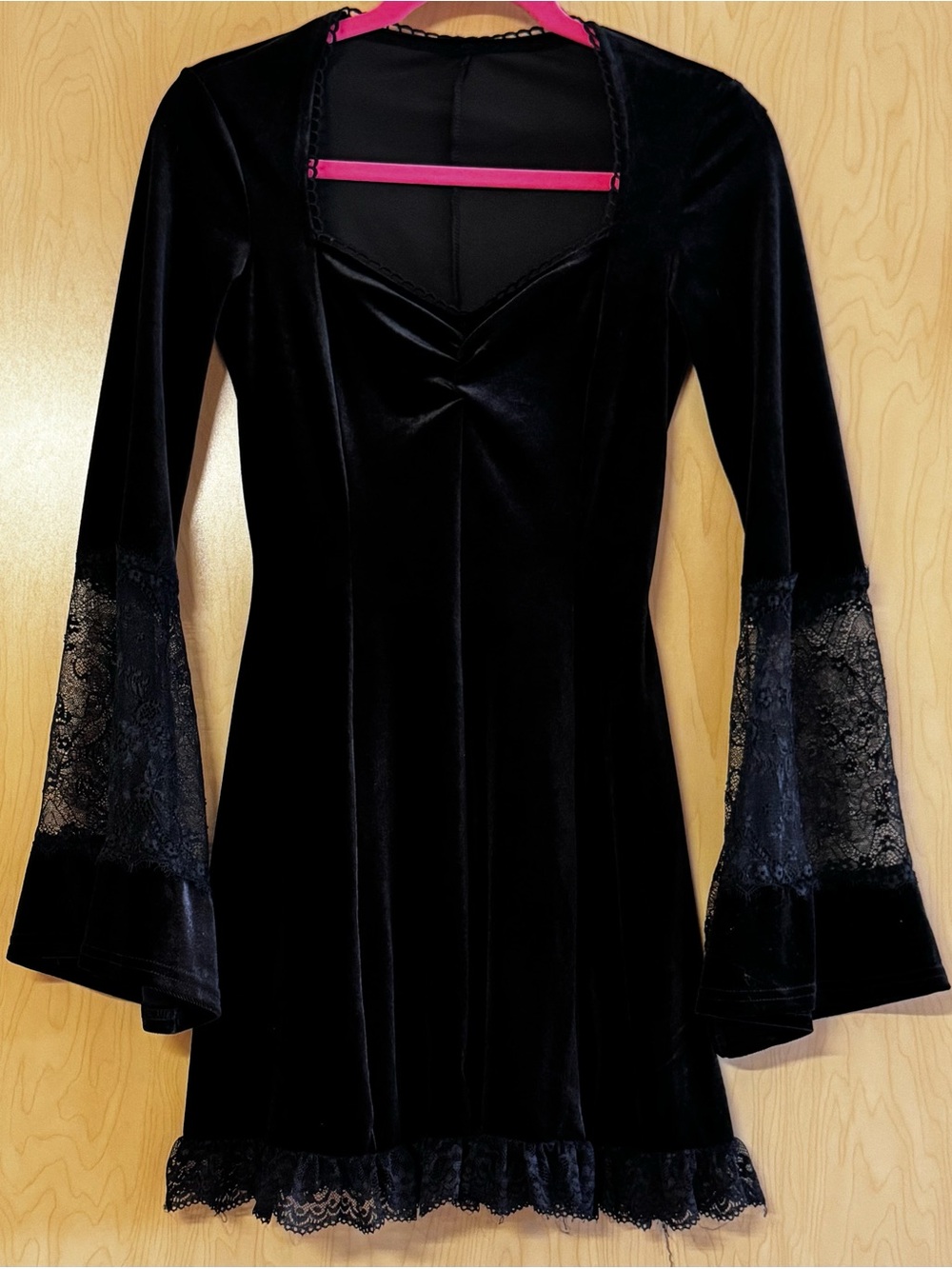 Black Velvet Lace-Trim Mini Dress
